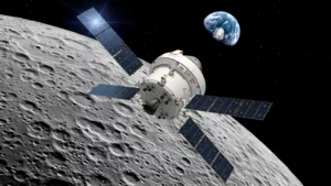 Le vaisseau Orion de la mission Artemis II avec son module de service européen en orbite autour de la Lune, la Terre visible en arrière-plan