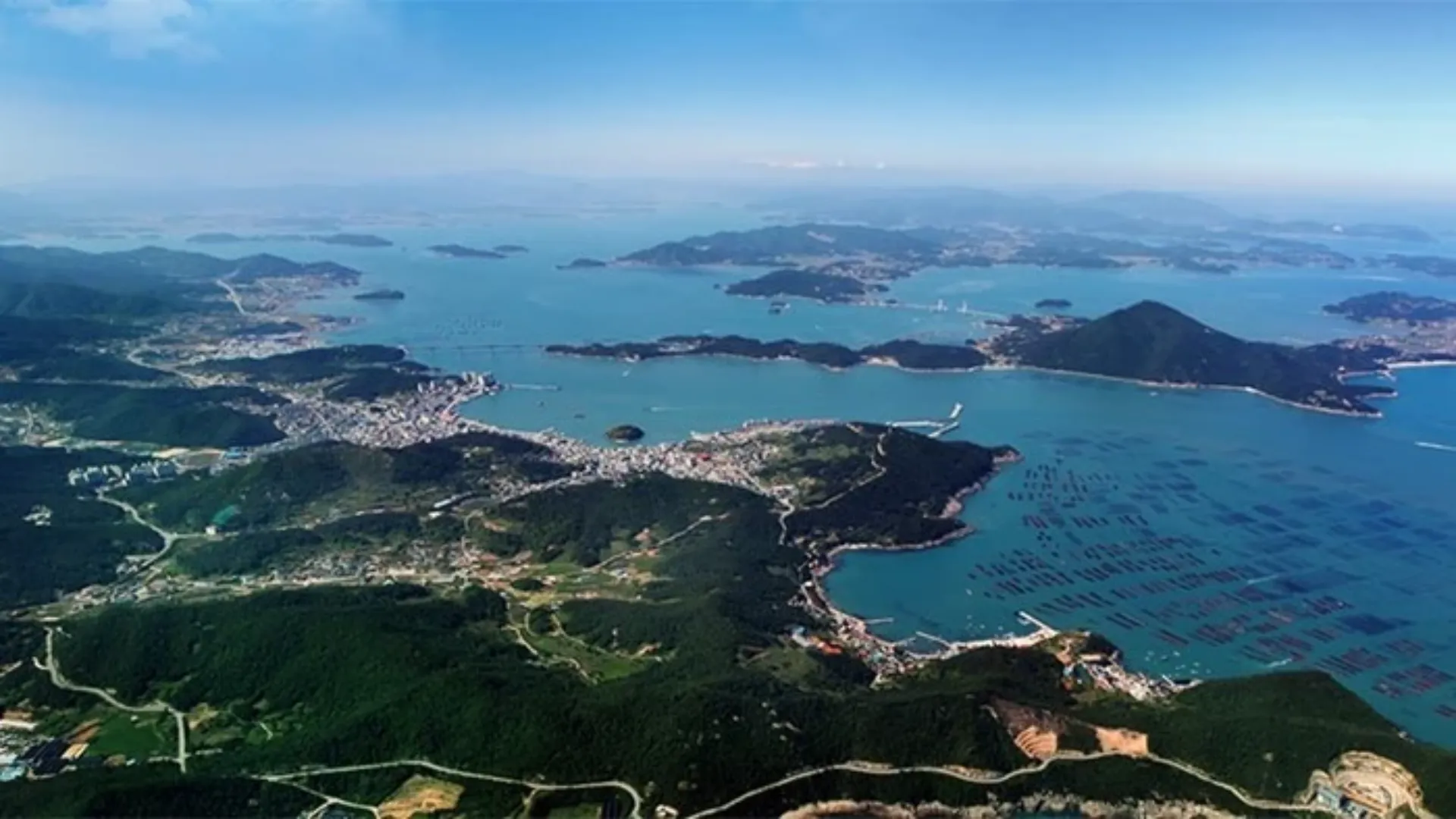 Aerial view of seaweed farms in South Korea illustrating large scale blue economy infrastructure