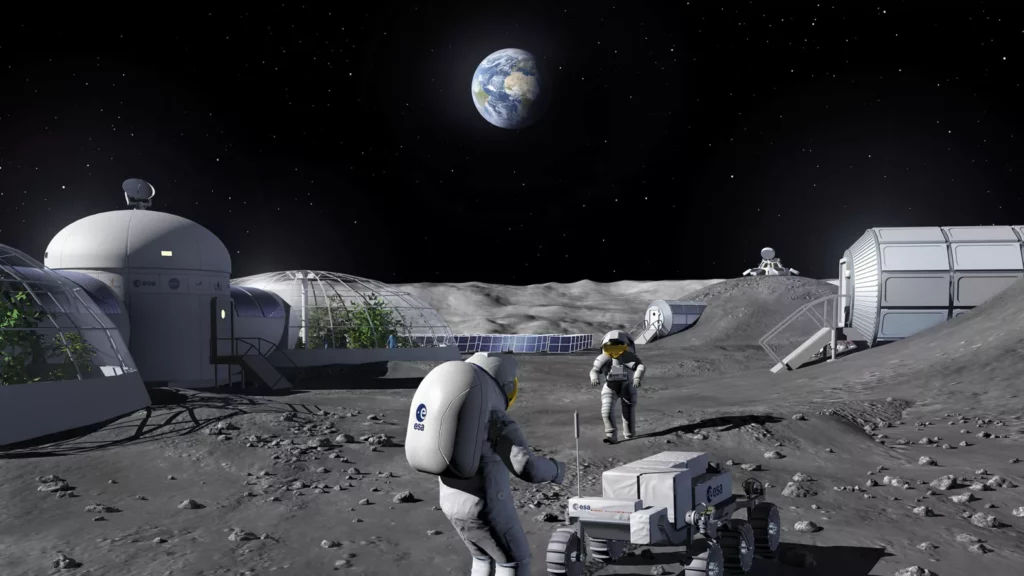 Base lunaire habitée illustrant les enjeux du New Space français, de l’économie spatiale et de l’exploration durable de la Lune