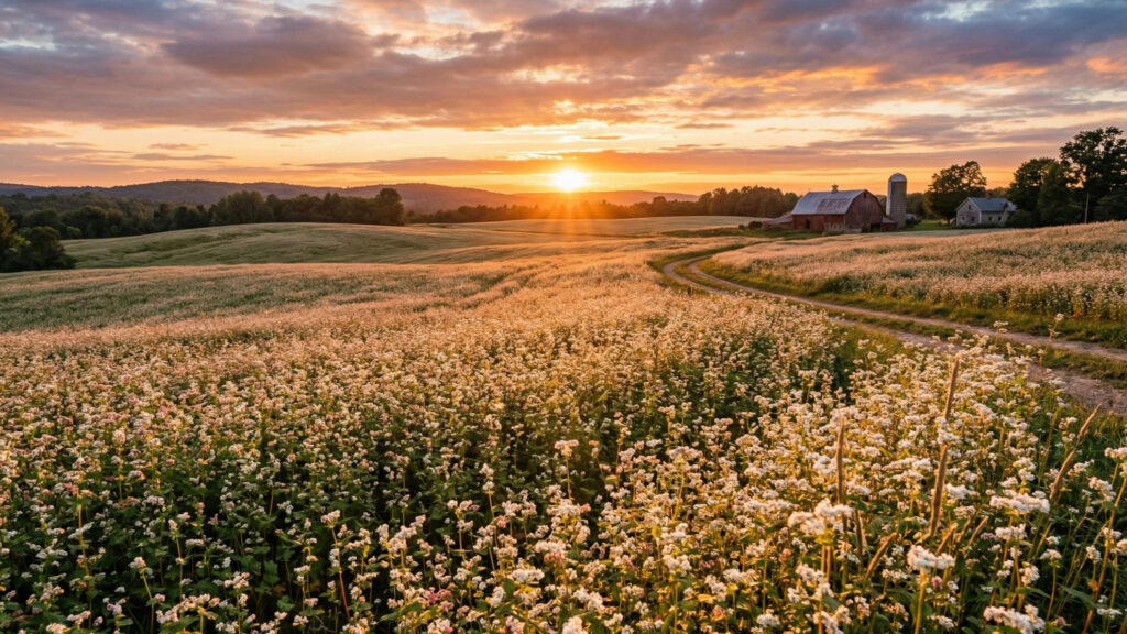 A field of buckwheat in bloom at sunset, a symbol of a traditional and resilient crop.
