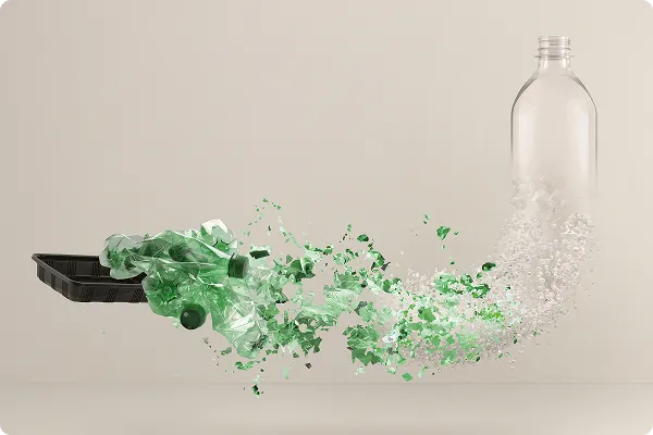 Une bouteille en plastique PET transformée, grâce au recyclage enzymatique, en matière recyclée de haute qualité.