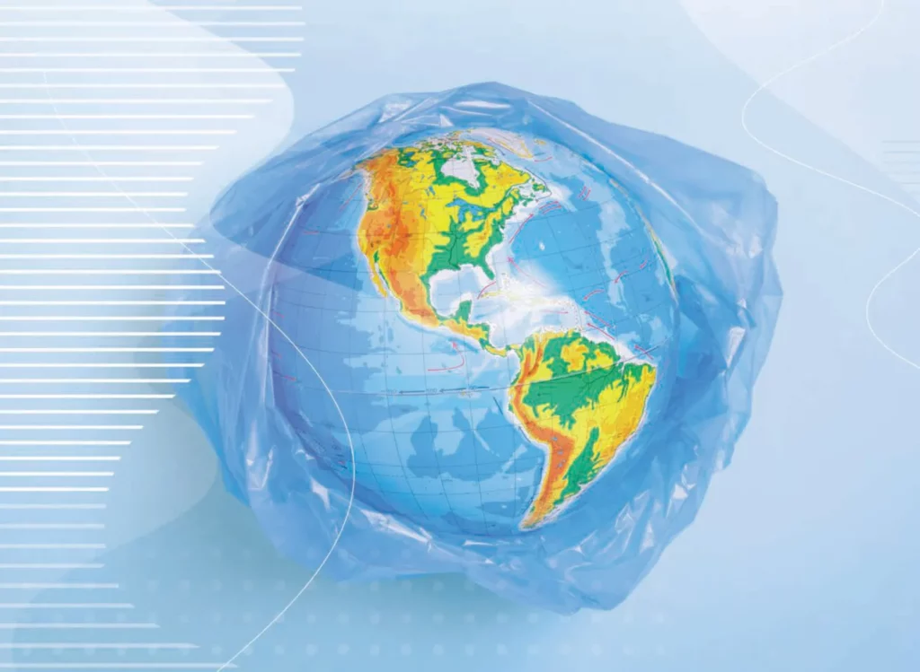 Illustration mettant en évidence les défis environnementaux mondiaux liés à la production, aux déchets et à la pollution liés au plastique.