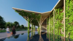 Architecture bioclimatique intégrant des façades végétalisées pour favoriser le refroidissement passif et le confort thermique.