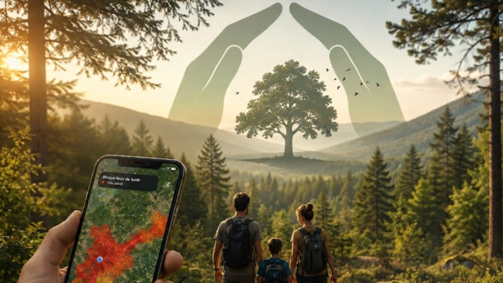 Family checking a forest fires risk app before hiking through a forest.